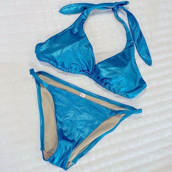 Victoria's Secret Swim Victorias Secret Shiny Shimmery Aqua Blue Triangle Top Bikini Poshmark